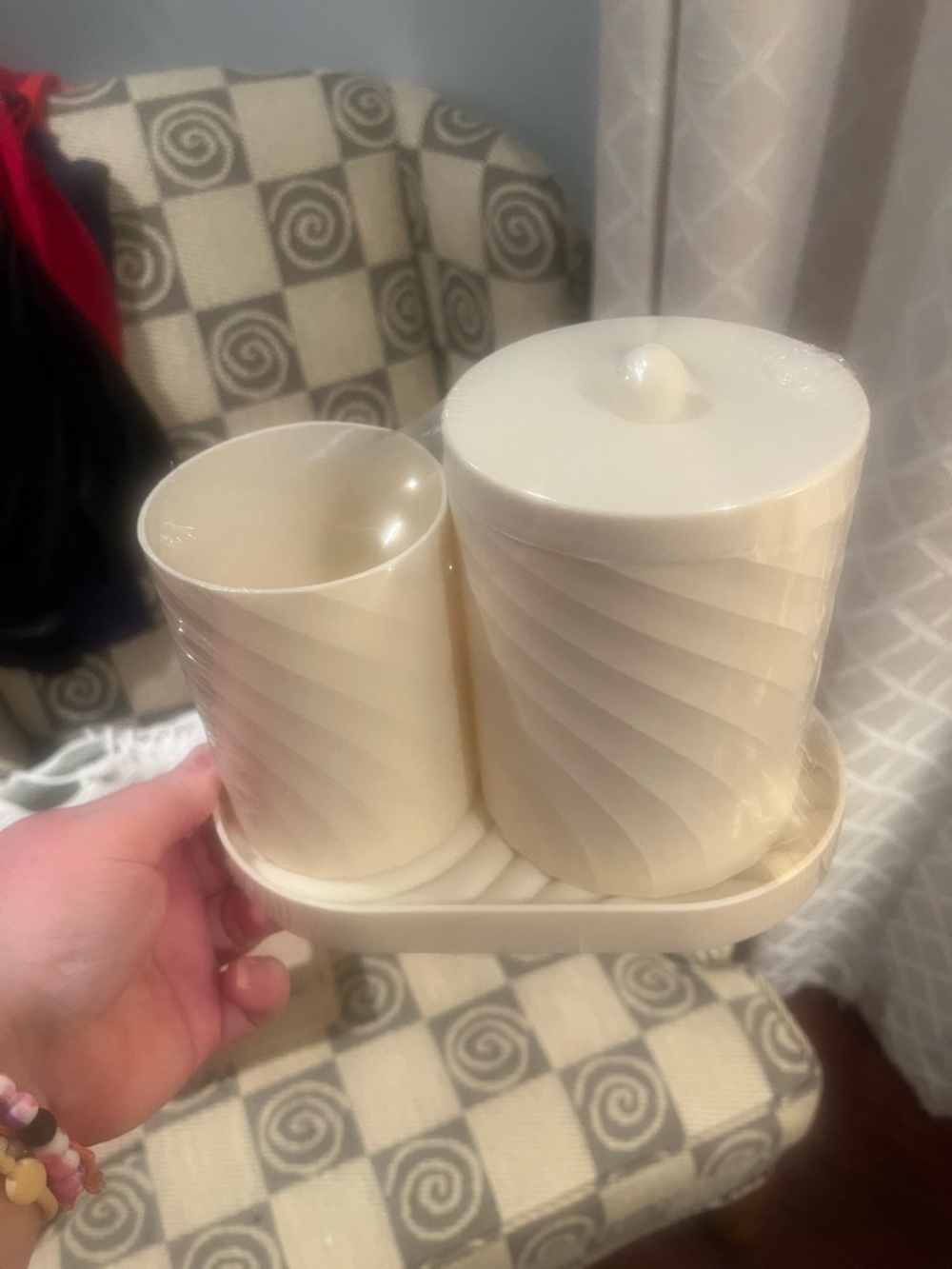 Cream Spiral Ceramic Toothbrush Holder & Soap Dispenser Set